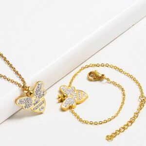 Gold Stainless Steel Honey Bee Necklace & Bracelet Set with Sparkling Zirconia